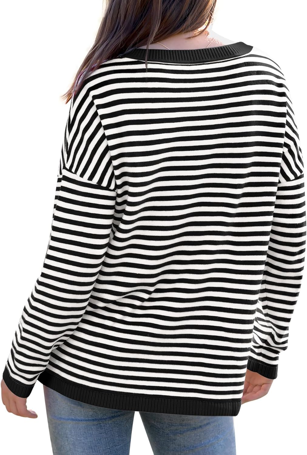 Womens Sweaters Dressy Casual Long Sleeve Tops Round Neck Striped Fashion