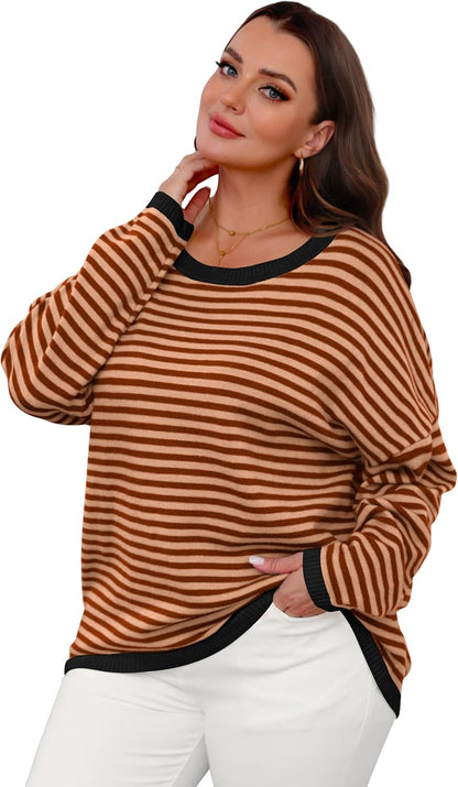 Womens Sweaters Dressy Casual Long Sleeve Tops Round Neck Striped Fashion