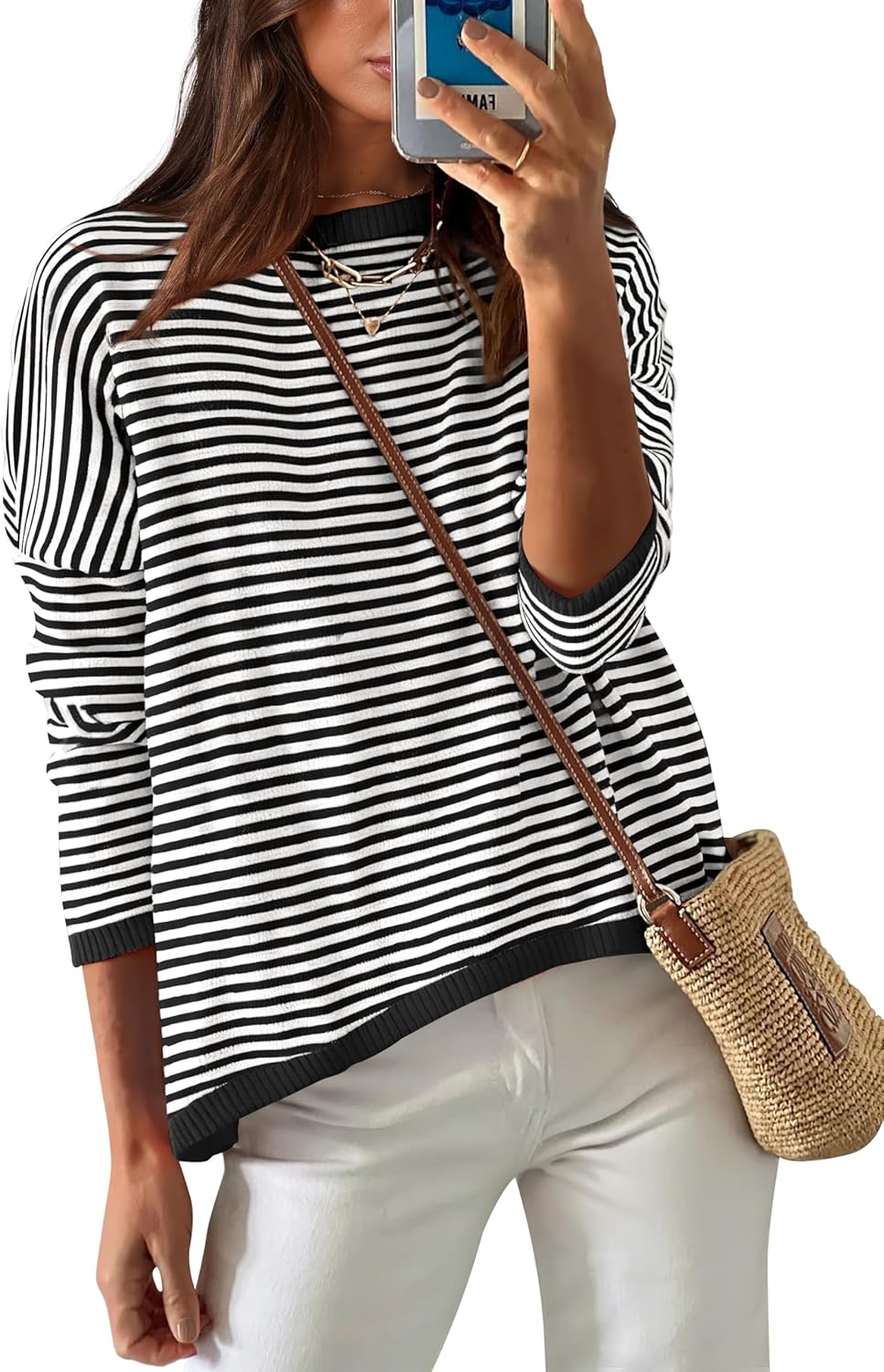 Womens Sweaters Dressy Casual Long Sleeve Tops Round Neck Striped Fashion