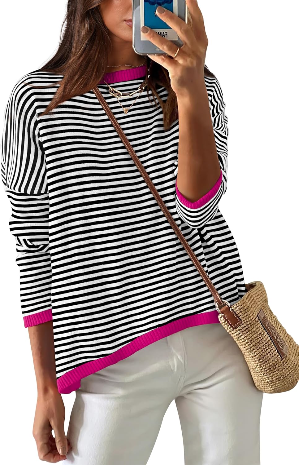 Womens Sweaters Dressy Casual Long Sleeve Tops Round Neck Striped Fashion