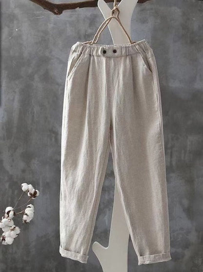 Women's Casual Solid Color Loose Imitation Cotton And Linen Cropped Carrot Pants