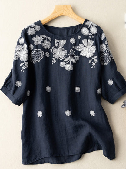 Women's Cotton Linen Embroidered Loose Casual T-Shirt