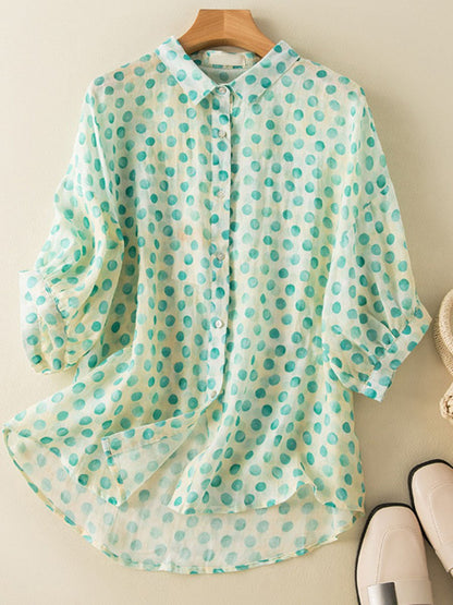 Minimalist Quarter Sleeved Ramie Polka Dot Shirt