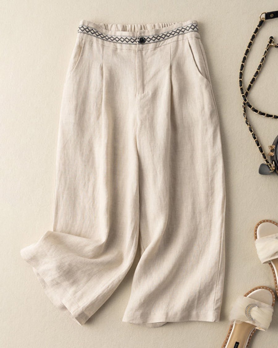 Cotton Linen Embroidered Semi-elastic Waist Wide-leg Pants