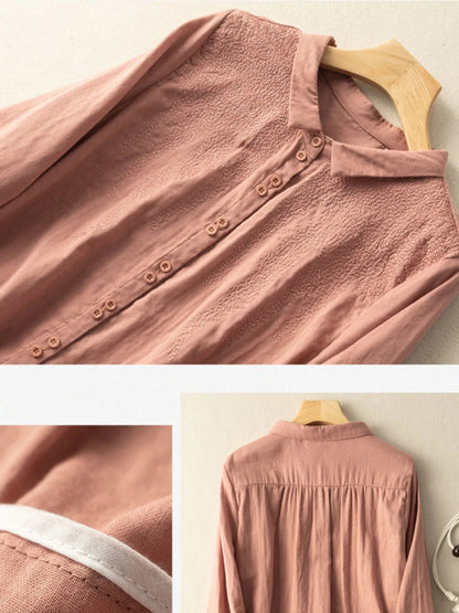 Embroidered Long Sleeve Casual Linen Shirt Top