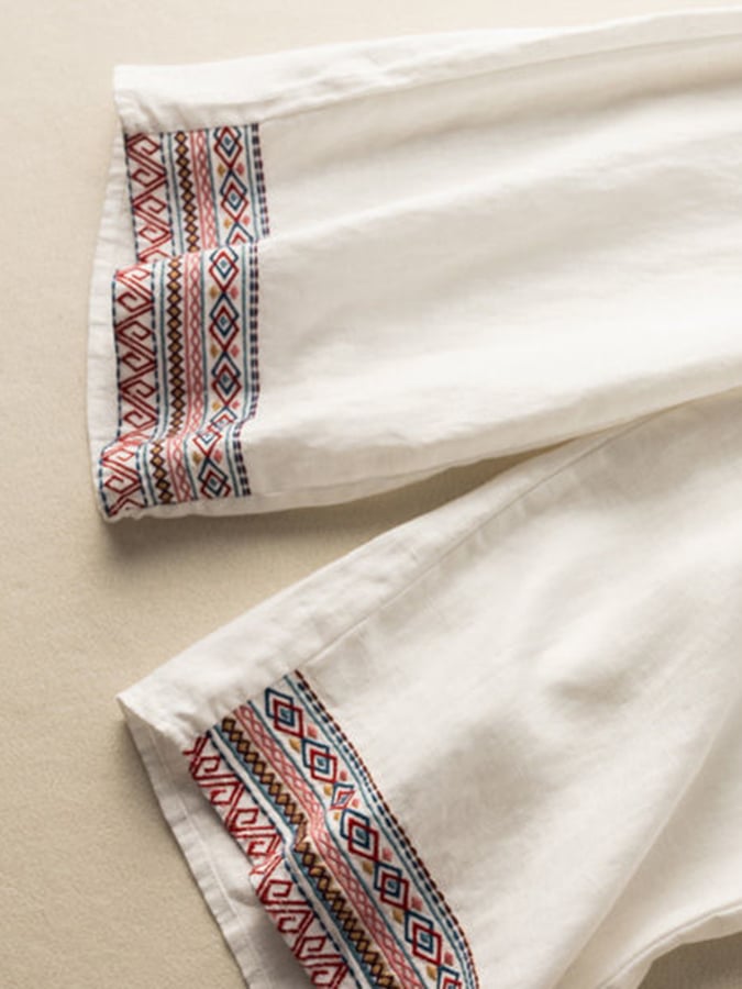 Cotton And Linen Embroidery Hanging Up Wide -leg Pants