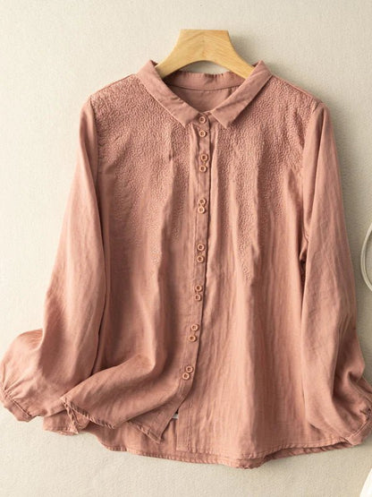 Embroidered Long Sleeve Casual Linen Shirt Top