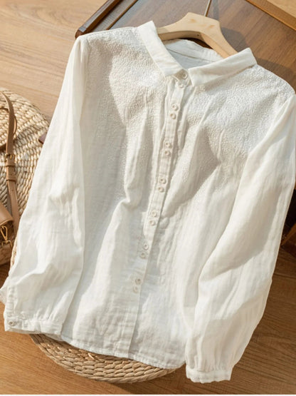 Embroidered Long Sleeve Casual Linen Shirt Top