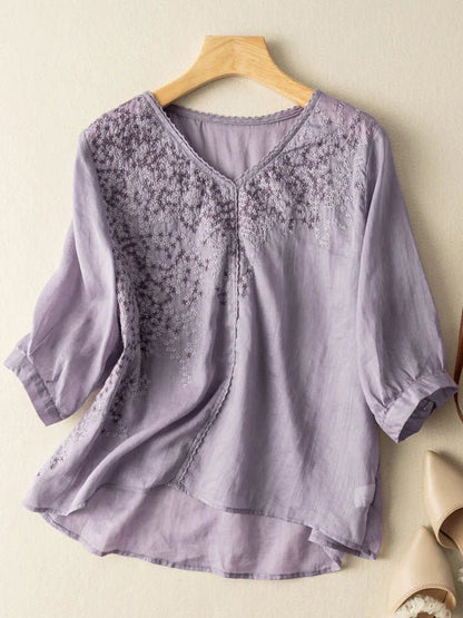 Embroidered V Neck 3/4 Sleeve Casual Linen Top