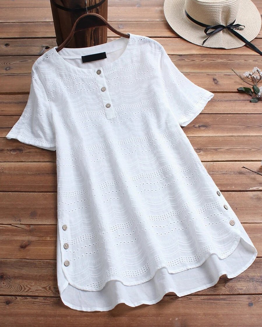 Cotton Linen Hollow Lace Button Casual Top