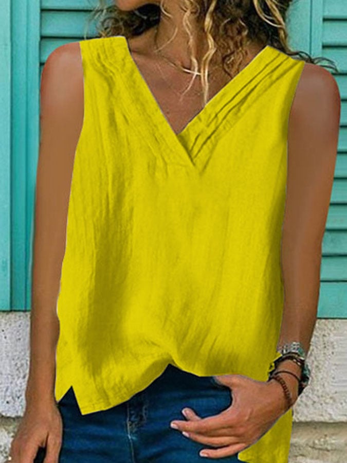 Women's V-Neck Hem Split Sleeveless Shirt