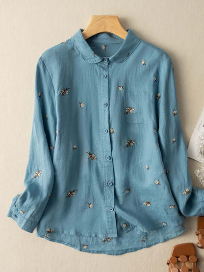 100% Linen Floral Print Casual Shirt With Pocket