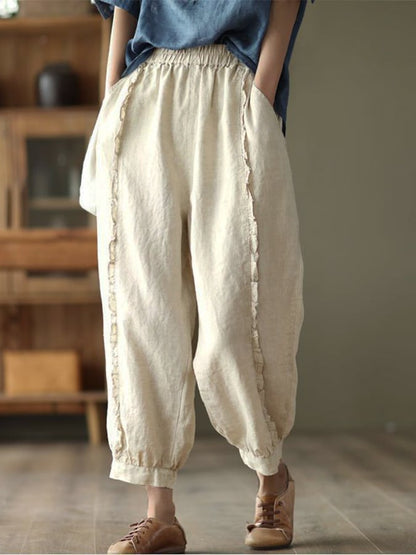 Cotton Linen Retro Wood Ear Stitching Casual Pants