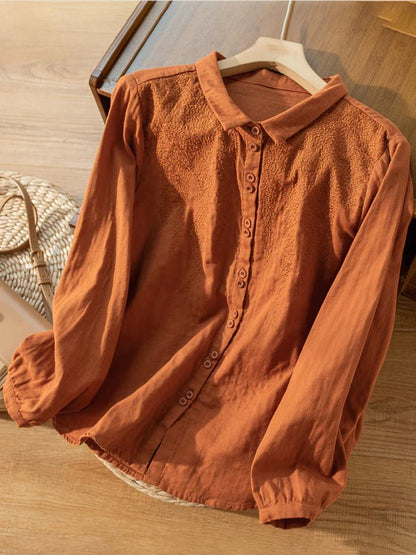 Embroidered Long Sleeve Casual Linen Shirt Top