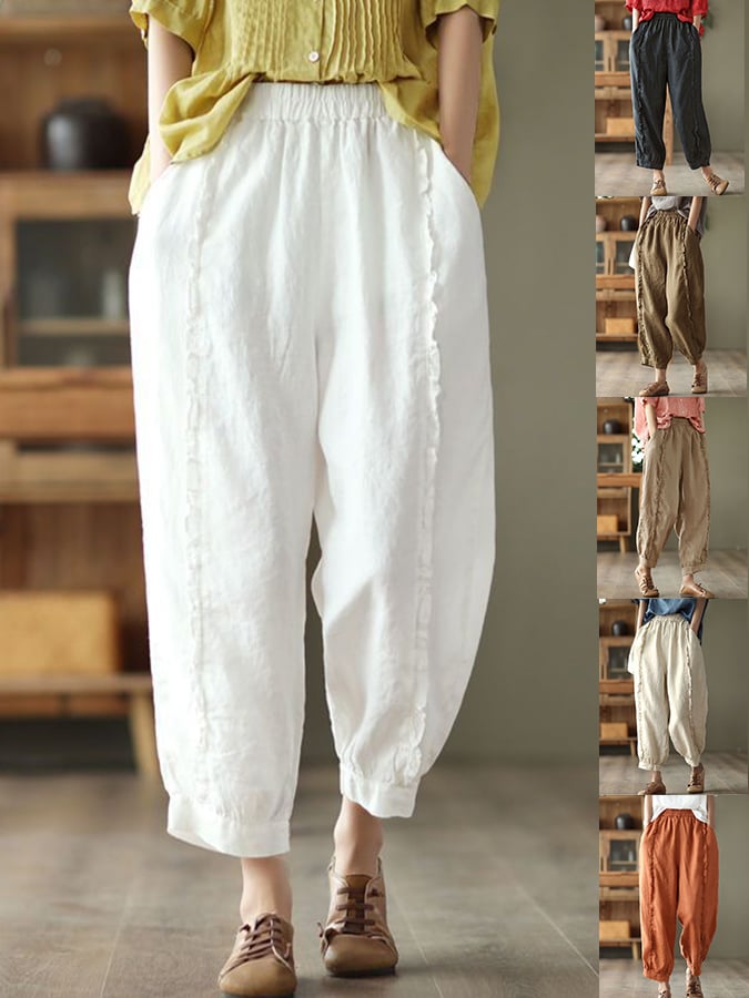 Cotton Linen Retro Wood Ear Stitching Casual Pants