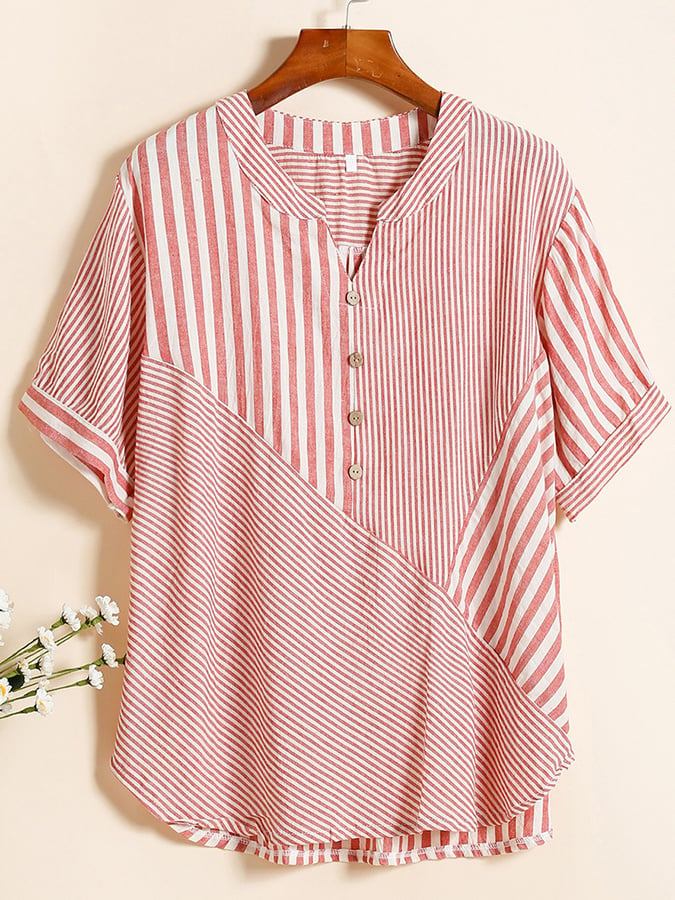 Cotton And Linen V-neck Asymmetric Striped Patchwork Shirt