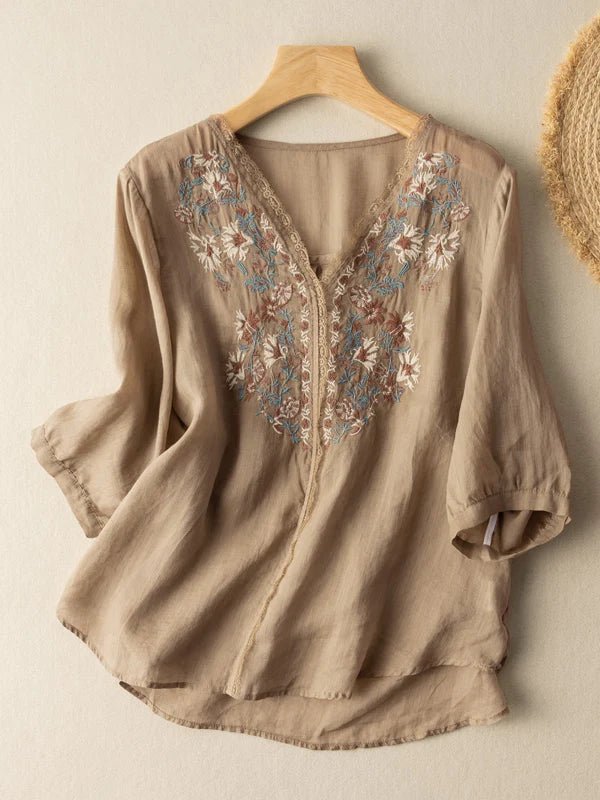 Embroidered V Neck 3/4 Sleeve Casual Linen Top