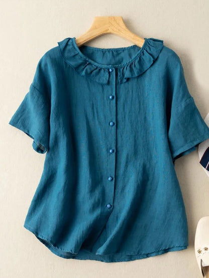 Women's Cotton Linen Baby Collar Short Sleeve shirt