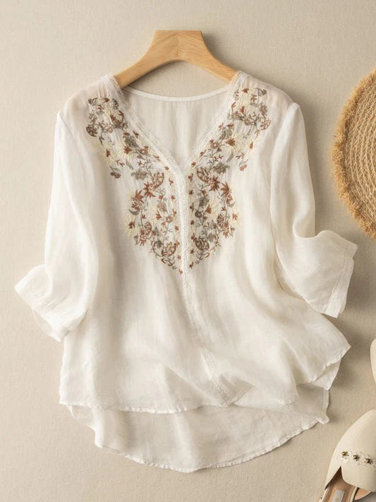 Embroidered V Neck 3/4 Sleeve Casual Linen Top