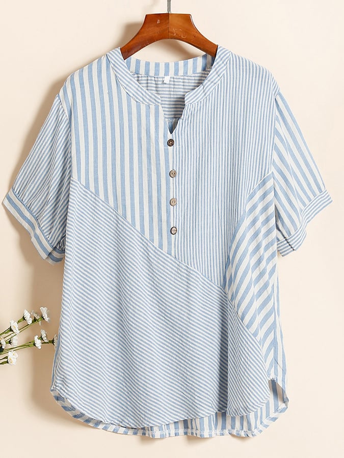 Cotton And Linen V-neck Asymmetric Striped Patchwork Shirt