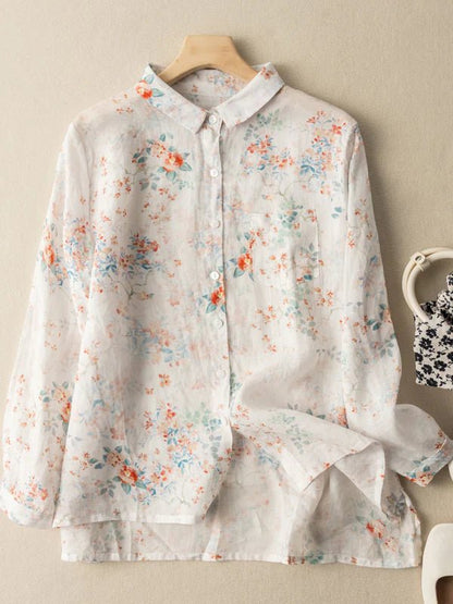 Floral Print Long Sleeve Casual Linen Shirt Top