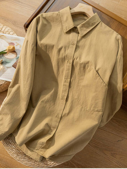 100% Natural Fabric Loose Casual Shirt With Pockets In Solid Color