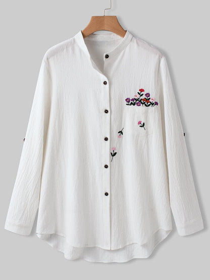 Casual Stand Collar Embroidered Blouse