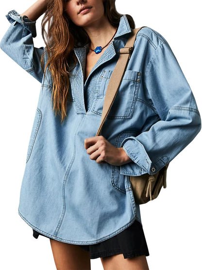 Women's Denim V-Neck Pullover Shirt (Buy 2 Free Shipping)