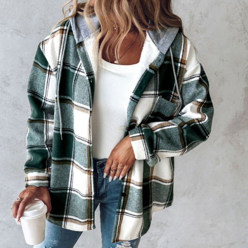 Women's Plaid Coat Breasted Hooded Jacket Sweatshirt Jacket Coat Women Light Jackets Comfy Hoodie