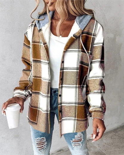 Women's Plaid Coat Breasted Hooded Jacket Sweatshirt Jacket Coat Women Light Jackets Comfy Hoodie