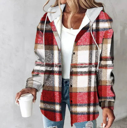 Women's Plaid Coat Breasted Hooded Jacket Sweatshirt Jacket Coat Women Light Jackets Comfy Hoodie