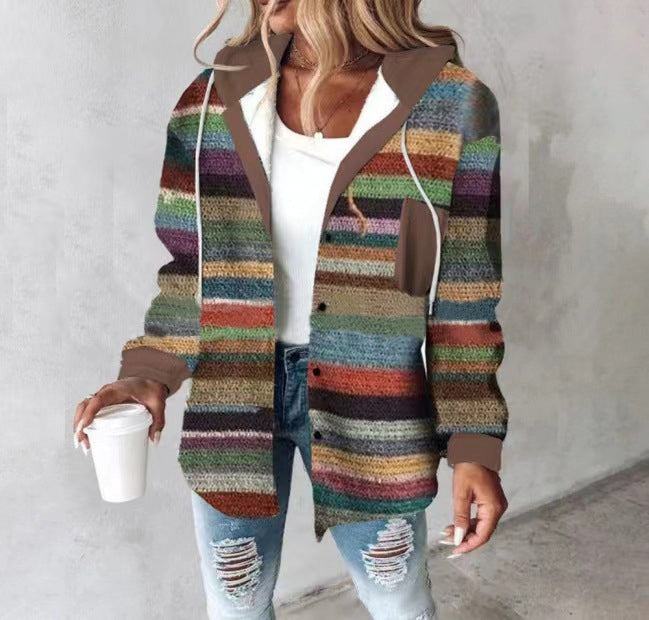 Women's Plaid Coat Breasted Hooded Jacket Sweatshirt Jacket Coat Women Light Jackets Comfy Hoodie