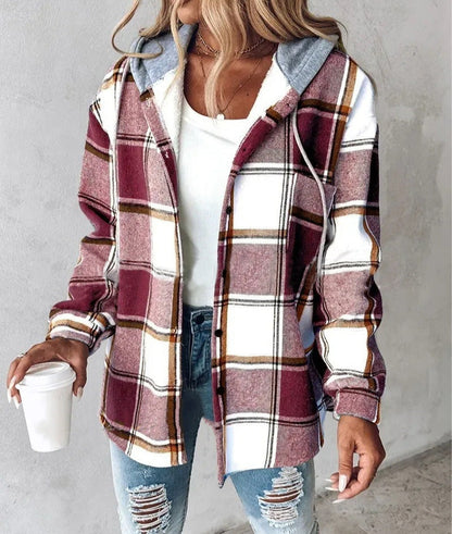 Women's Plaid Coat Breasted Hooded Jacket Sweatshirt Jacket Coat Women Light Jackets Comfy Hoodie