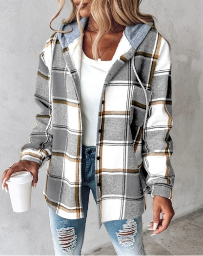 Women's Plaid Coat Breasted Hooded Jacket Sweatshirt Jacket Coat Women Light Jackets Comfy Hoodie