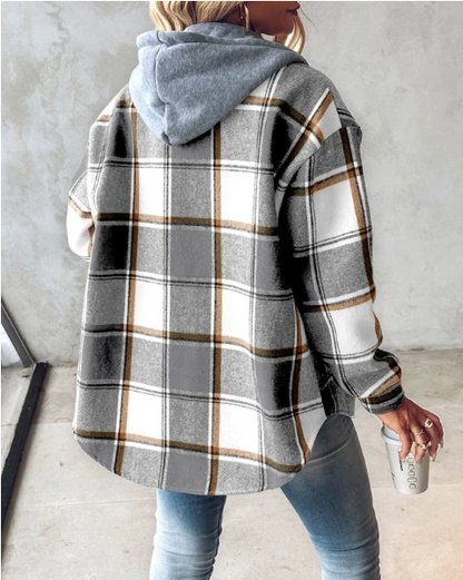 Women's Plaid Coat Breasted Hooded Jacket Sweatshirt Jacket Coat Women Light Jackets Comfy Hoodie