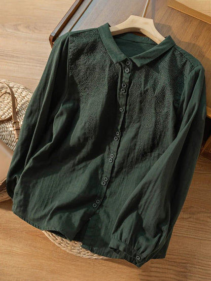 Embroidered Long Sleeve Casual Linen Shirt Top