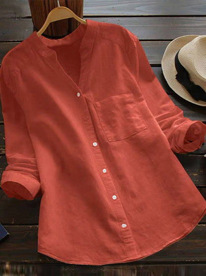 Women's Cotton Linen V-Neck Long Sleeve Shirt