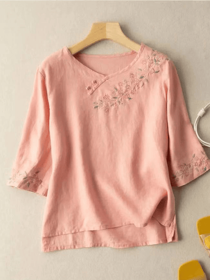 Women's Casual Button Embroidered Cotton Linen 3/4 Sleeve T-Shirt