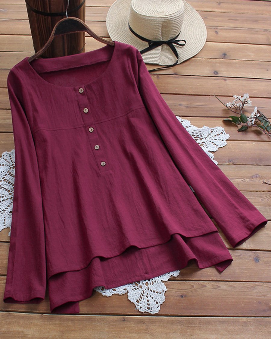 Solid Color Cotton Linen Button Casual Top