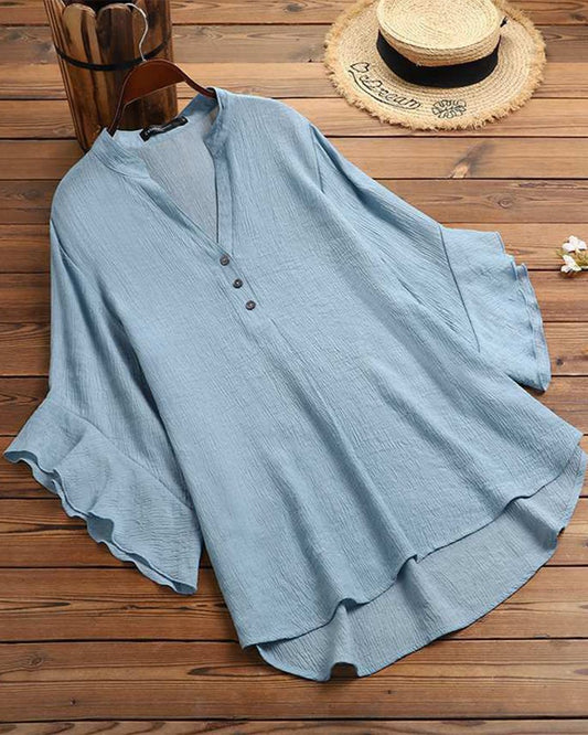 Cotton Linen V-neck Ruffled Casual Top