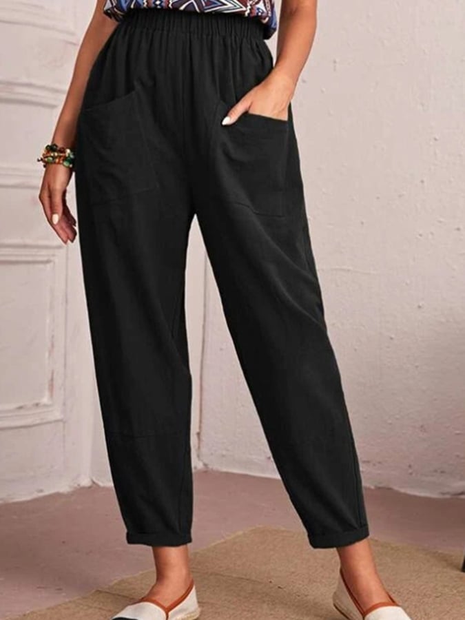 Cotton And Linen Elastic Waist Double Patch Pocket Casual Pants