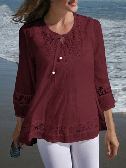 Women's Solid Color Lace Tie Cotton Cotton Shirt