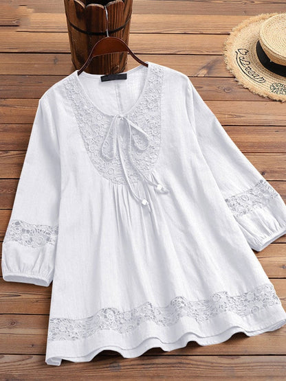 Women's Solid Color Lace Tie Cotton Cotton Shirt