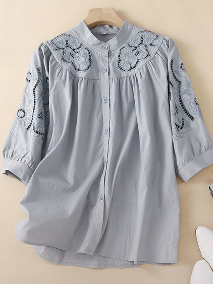 Standing Collar Split Lantern Sleeve Embroidered Embroidered And Carved Shirt