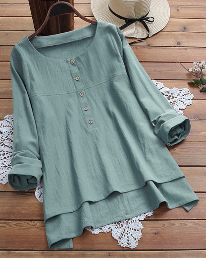 Solid Color Cotton Linen Button Casual Top