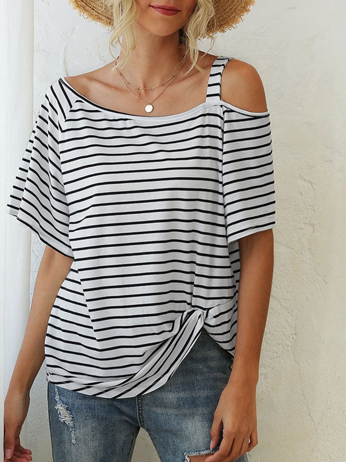 Striped Loose Off -the -shoulder Short -sleeved Casual Shirt