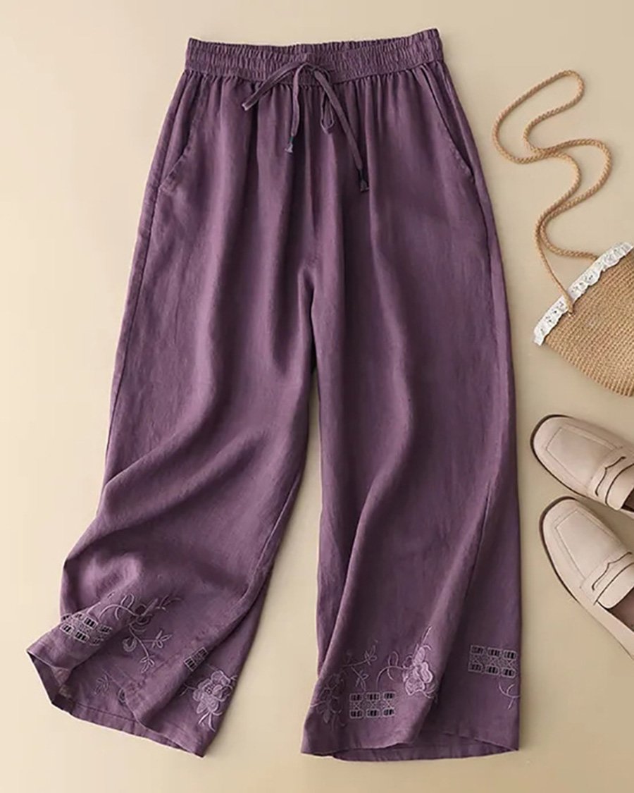 Cotton And Linen Embroidered Cutout Lounge Pants