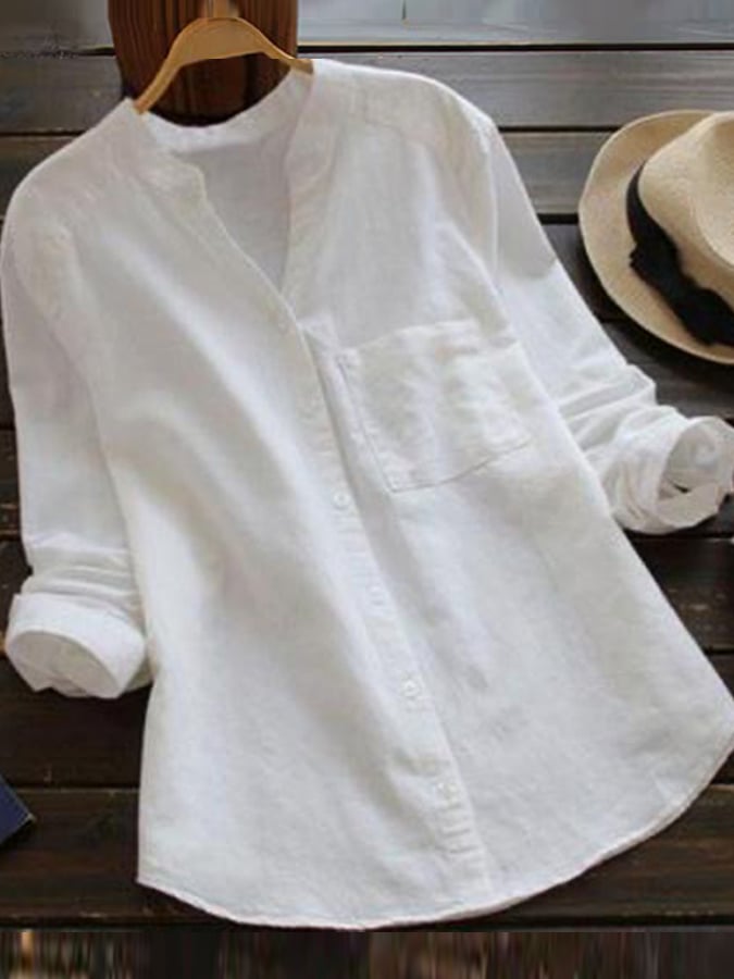 Women's Cotton Linen V-Neck Long Sleeve Shirt