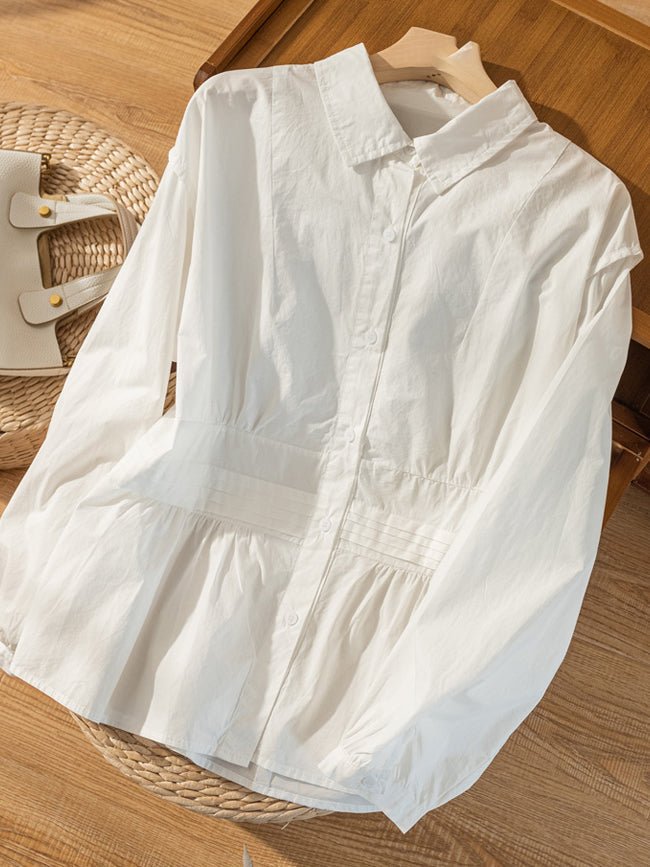 100% Natural Fabric Pleated Button Long Sleeve Loose Casual Shirt