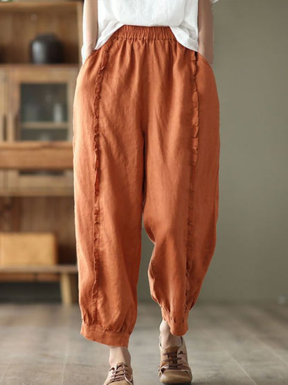 Cotton Linen Retro Wood Ear Stitching Casual Pants